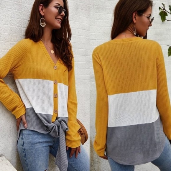 Cozy Button up Waffle Front Tie Top - Picture 4 of 9